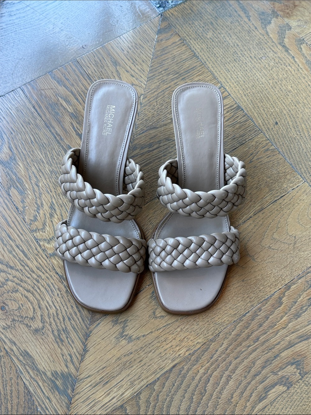 MICHAEL Michael Kors Taupe Braided Double-Strap Slide Mules